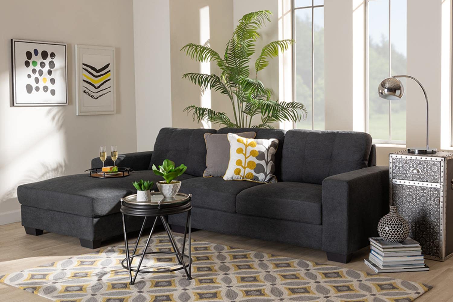 Baxton Studio Langley Dark Grey Sectional Sofa with Left Facing Chaise